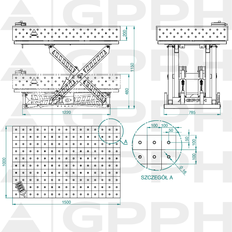 Technical drawing XWT PLUS table 1500x1000 mm fi16 100x100