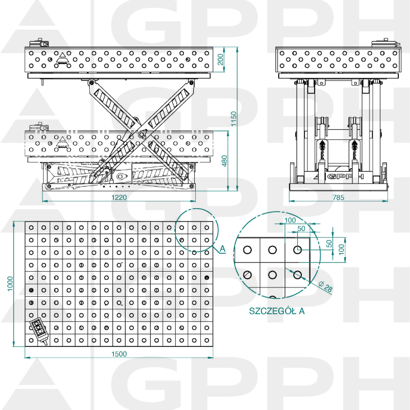 Technical drawing XWT PLUS table 1500x1000 mm fi28 100x100