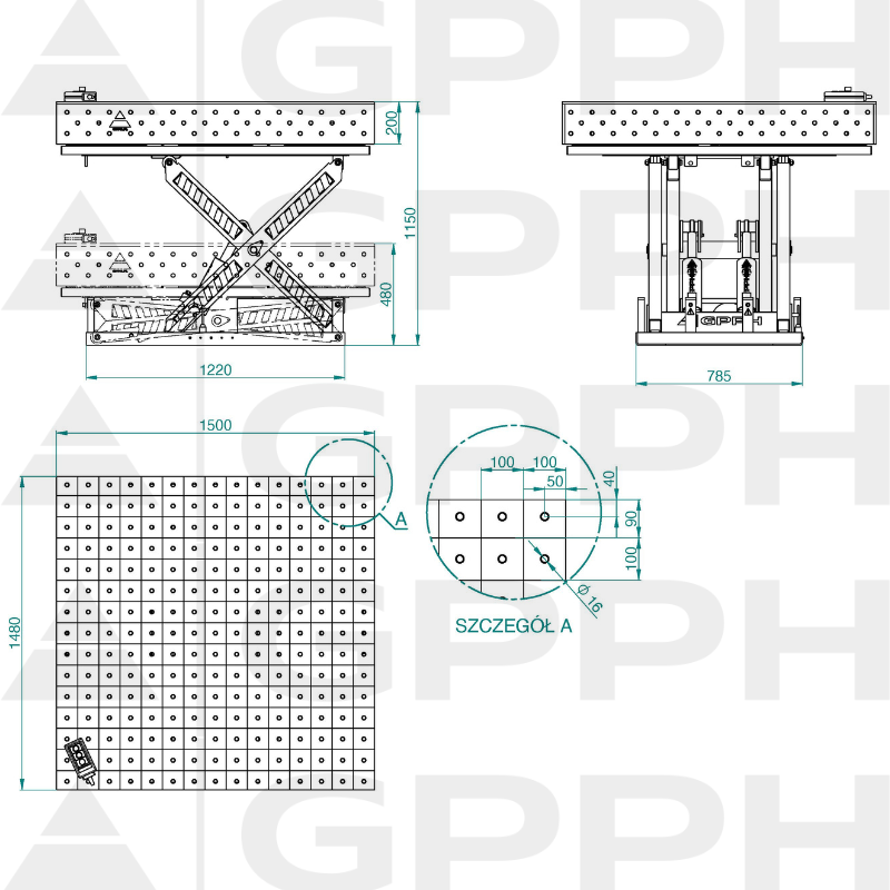 Műszaki rajz XWT PLUS asztal 1500x1480 mm fi16 100x100