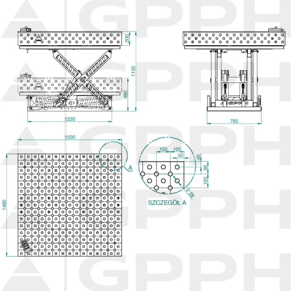 Dessin technique Table XWT PLUS 1500x1480 mm fi28 diagonale