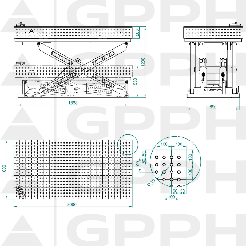 Tehnički crtež Zavarivački stol XWT PLUS 2000x1000 mm fi16 50x50