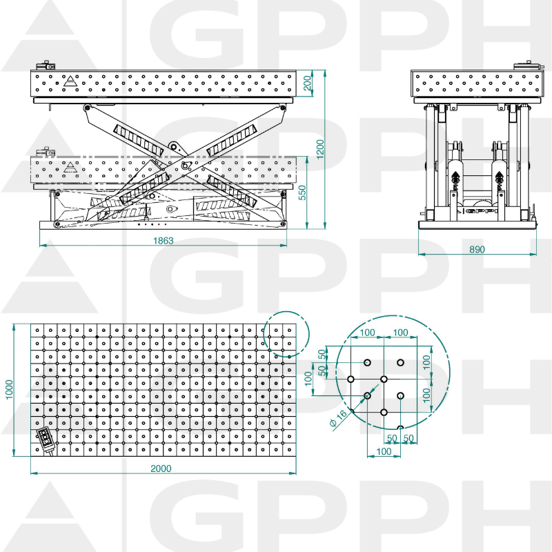 Tehnički crtež Zavarivački stol XWT PLUS 2000x1000 mm fi16 dijagonalna