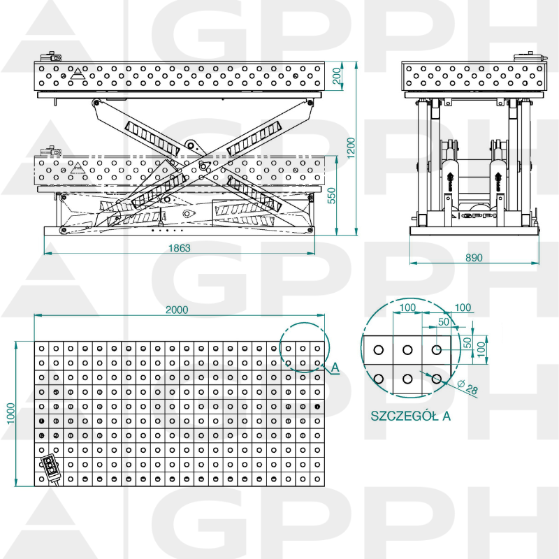 Műszaki rajz XWT PLUS asztal 2000x1000 mm fi28 100x100
