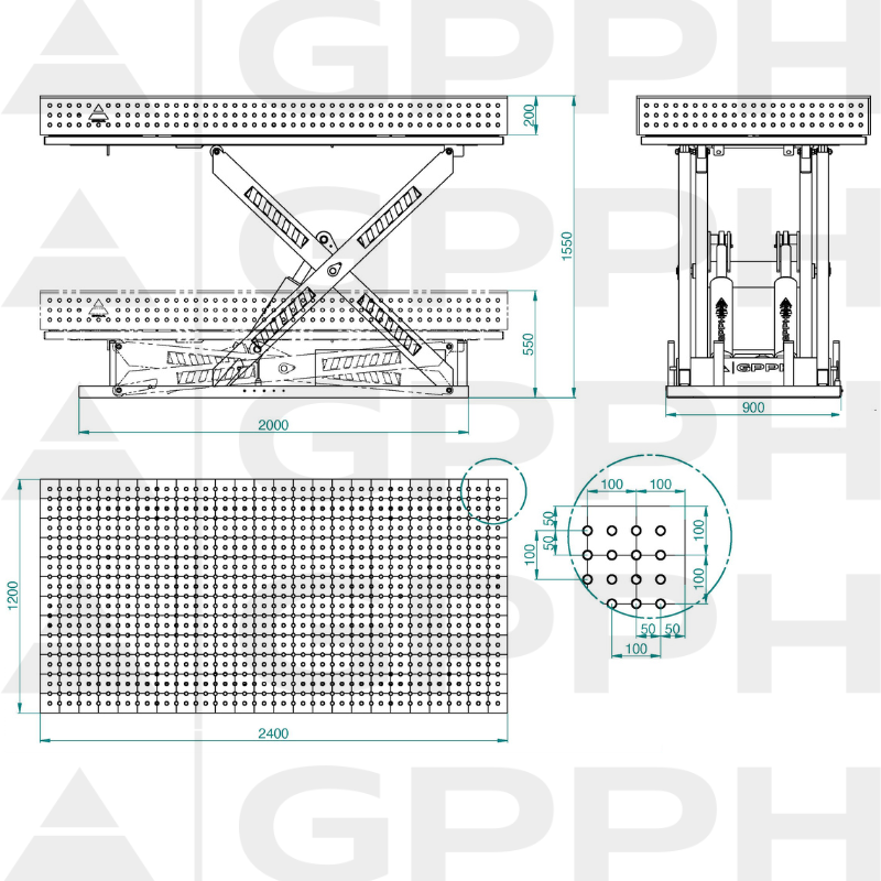 Dessin technique Table XWT PLUS 2400x1200 mm fi16 50x50