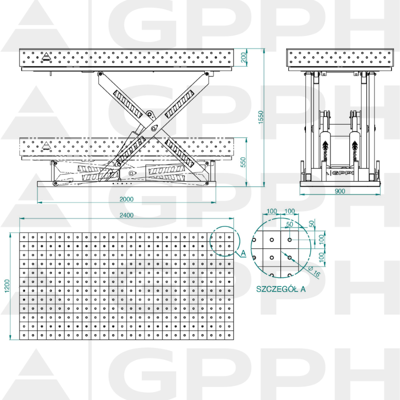 Dessin technique Table XWT PLUS 2400x1200 mm fi16 100x100