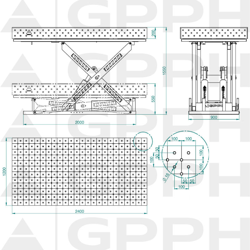 Dessin technique Table XWT PLUS 2400x1200 mm fi16 diagonale