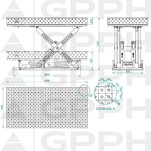 Technical drawing XWT PLUS table 2400x1200 mm fi28 100x100