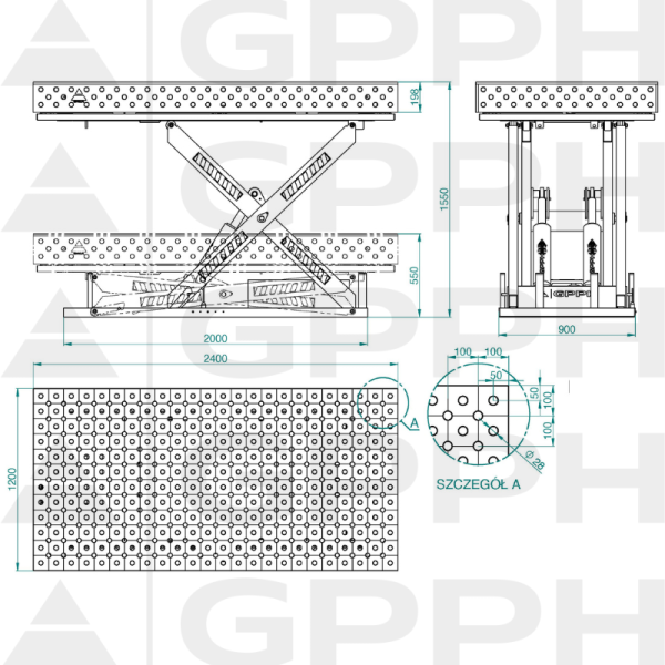 Technical drawing XWT PLUS table 2400x1200 mm fi28 diagonal