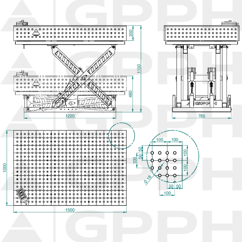 Technical drawing XWT PRO table 1500x1000 mm fi16 50x50