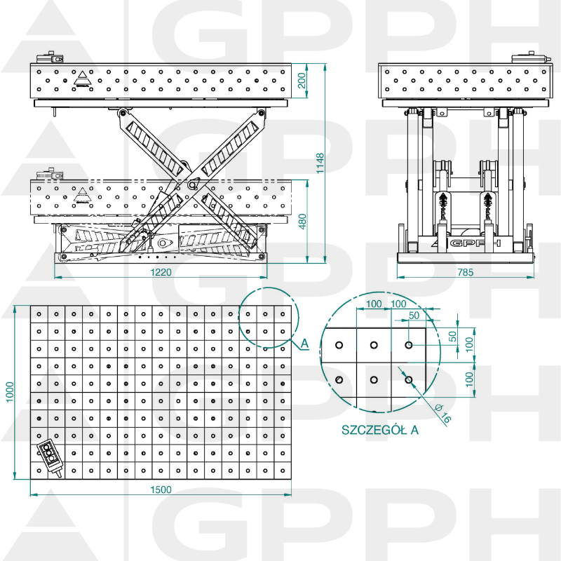 Technical drawing XWT PRO table 1500x1000 mm fi16 100x100