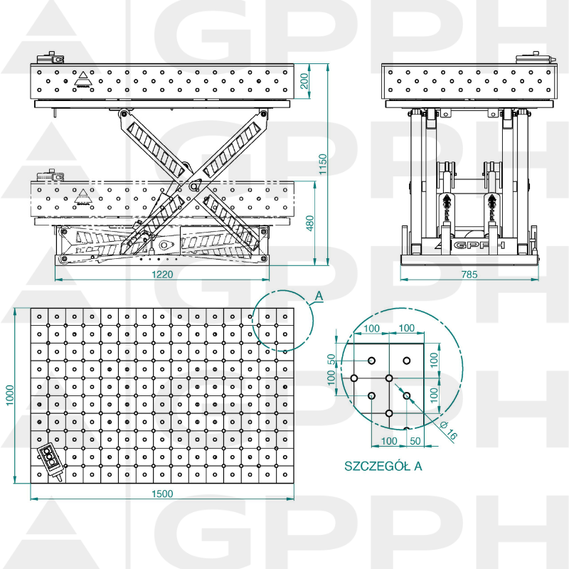 Műszaki rajz XWT PRO asztal 1500x1000 mm fi16 átlós