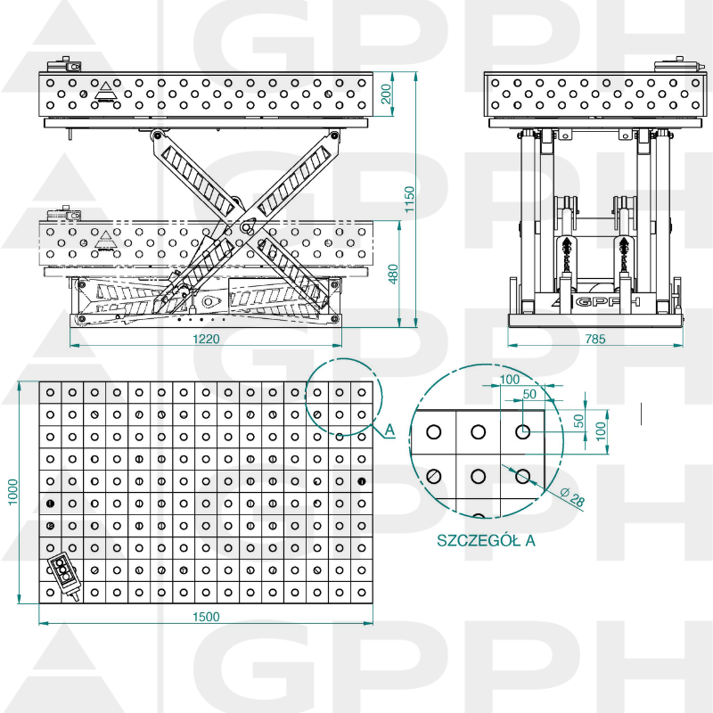 Technical drawing XWT PRO table 1500x1000 mm fi28 100x100