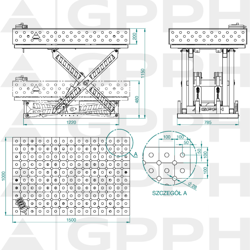 Technical drawing XWT PRO table 1500x1000 mm fi28 diagonal