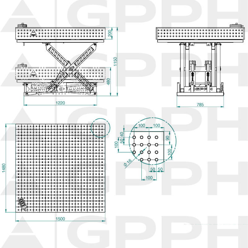 Technical drawing XWT PRO table 1500x1480 mm fi16 50x50