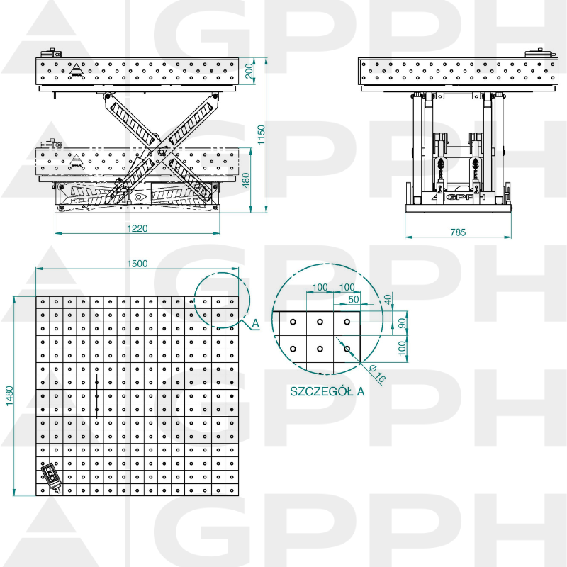 Technical drawing XWT PRO table 1500x1480 mm fi16 100x100