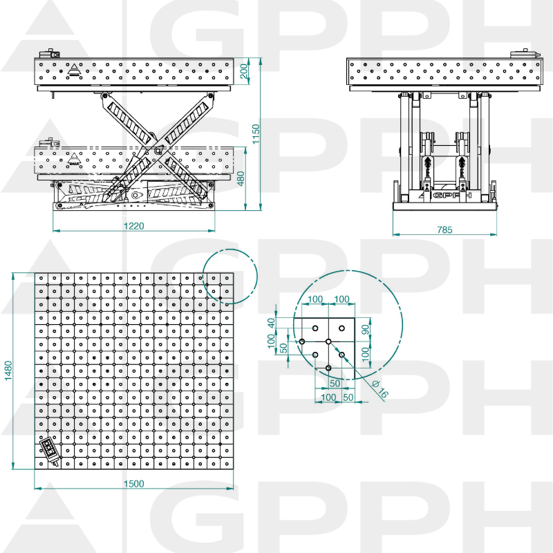 Technical drawing XWT PRO table 1500x1480 mm fi16 diagonal