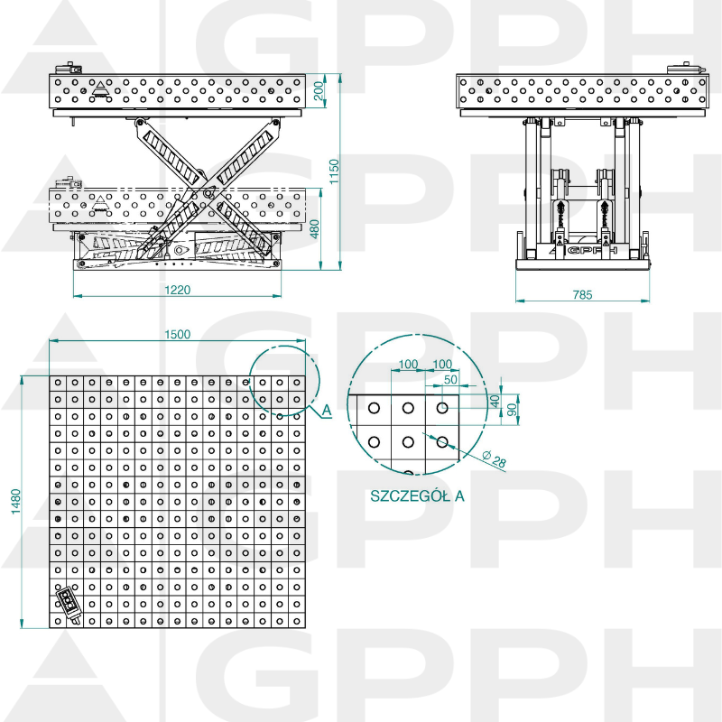 Technical drawing XWT PRO table 1500x1480 mm fi28 100x100
