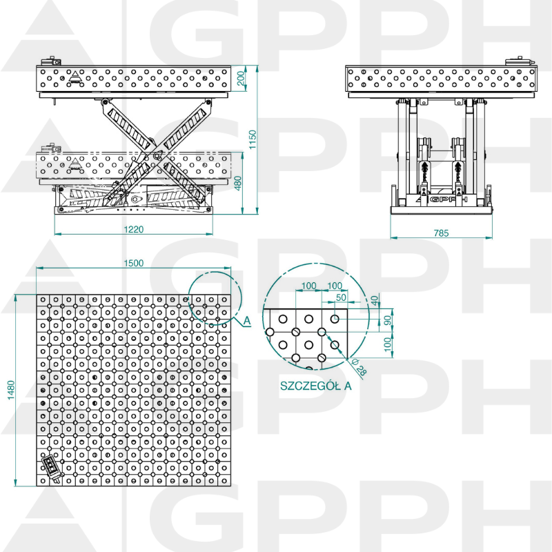 Technical drawing XWT PRO table 1500x1480 mm fi28 diagonal