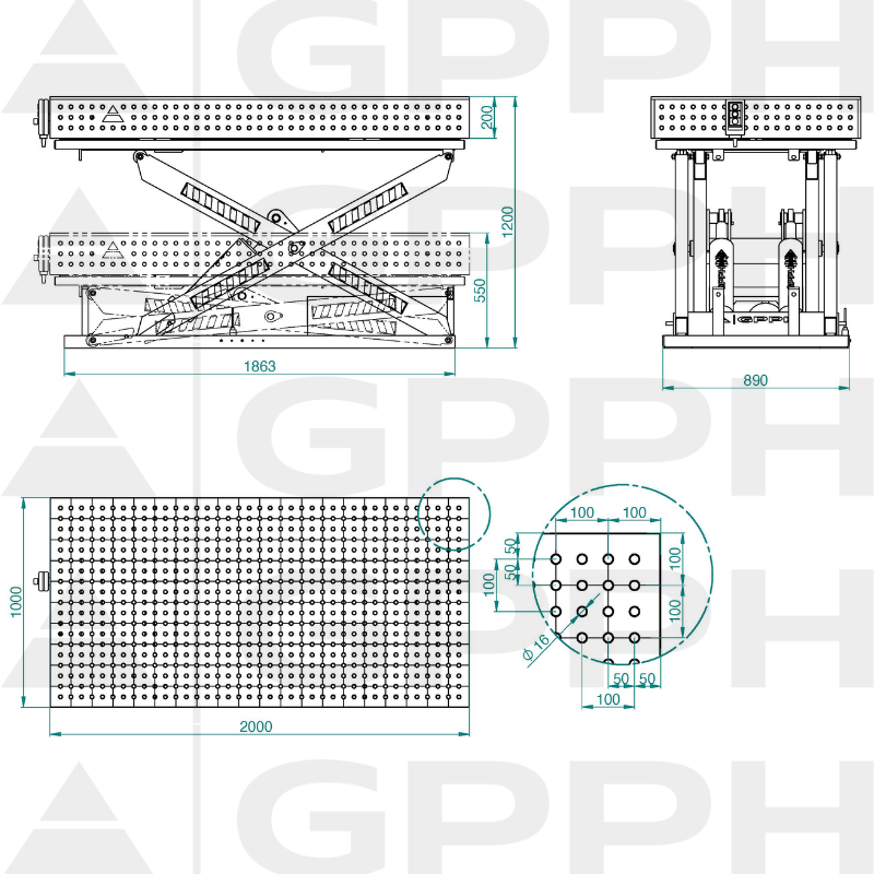 Dessin technique Table XWT PRO 2000x1000 mm fi16 50x50