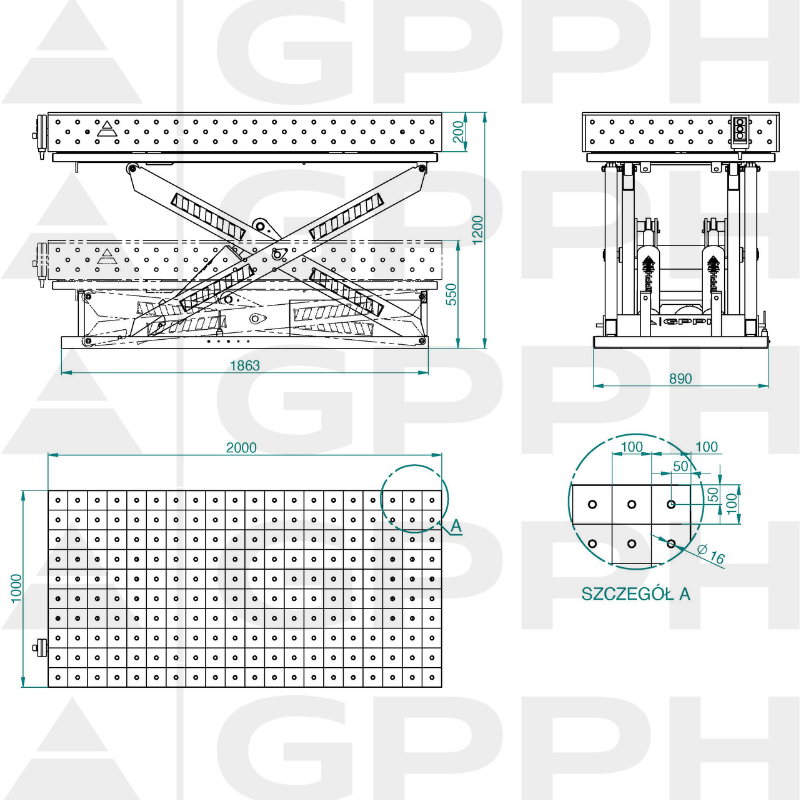 Dibujo técnico Mesa XWT PRO 2000x1000 mm fi16 100x100