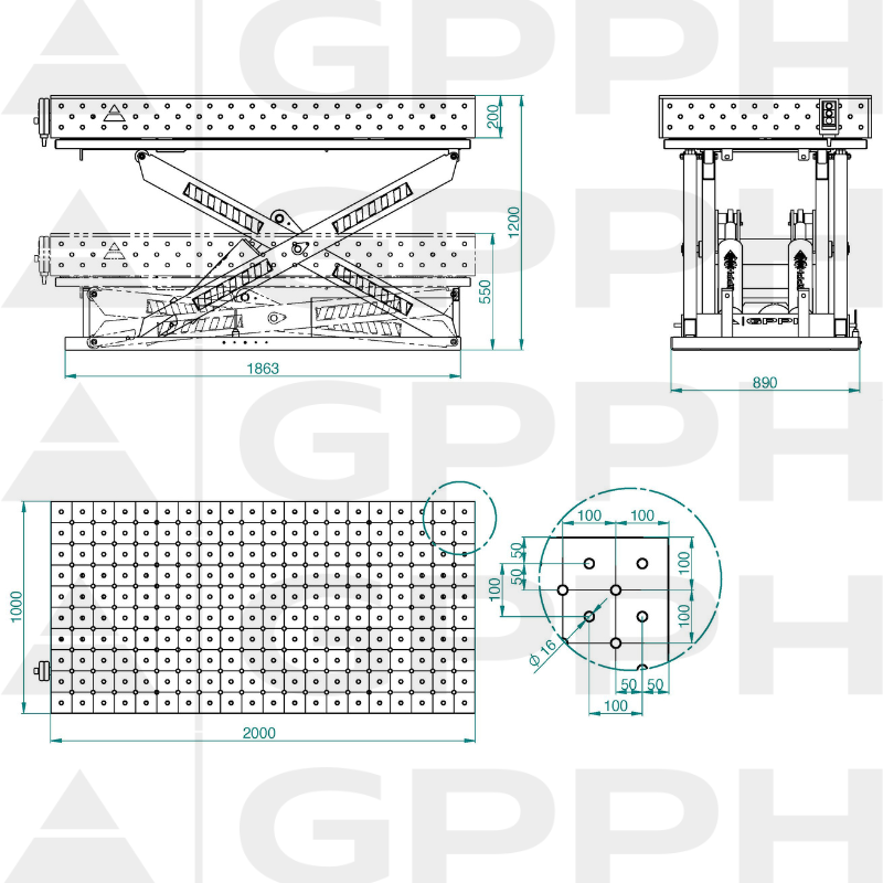 Dibujo técnico Mesa XWT PRO 2000x1000 mm fi16 diagonal