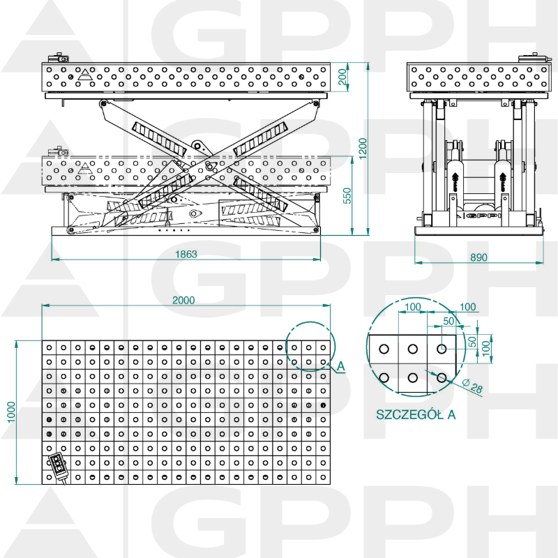 Dibujo técnico Mesa XWT PRO 2000x1000 mm fi28 100x100