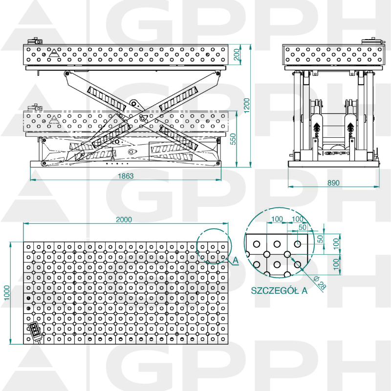 Dessin technique Table XWT PRO 2000x1000 mm fi28 diagonale