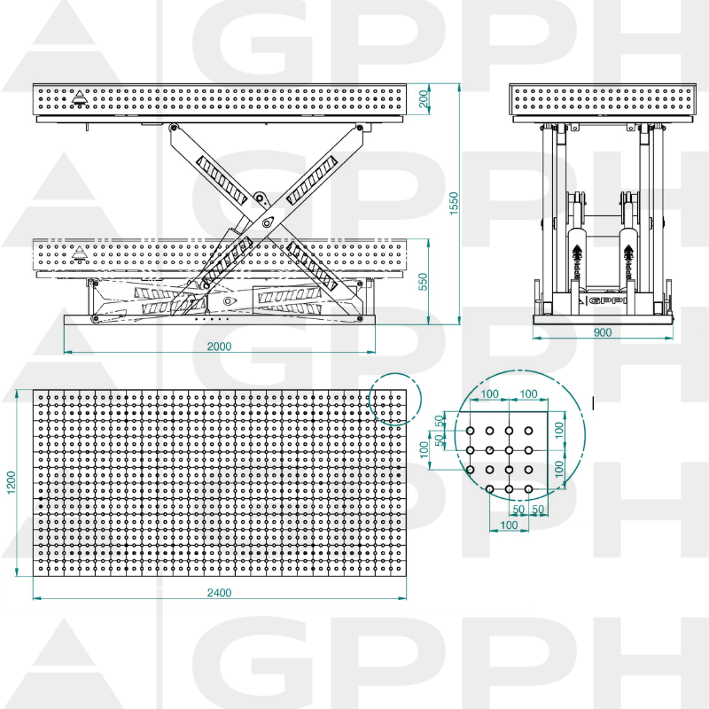 Dibujo técnico Mesa XWT PRO 2400x1200 mm fi16 50x50