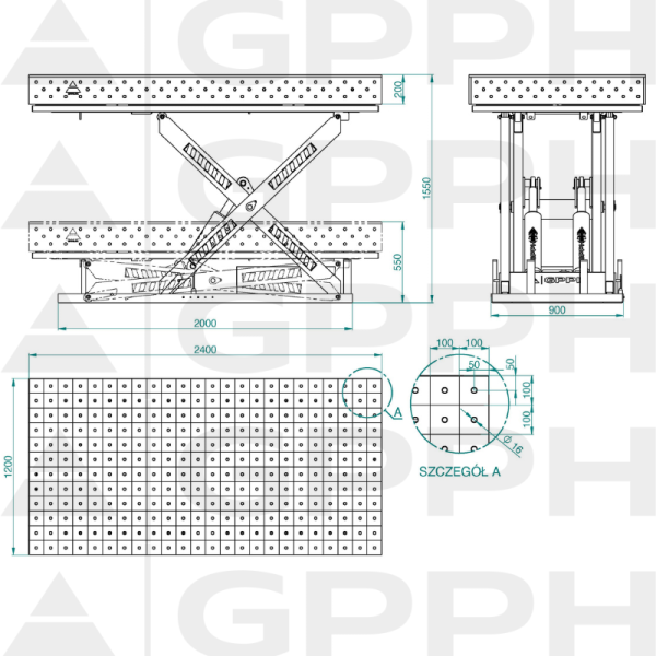 Technical drawing XWT PRO table 2400x1200 mm fi16 100x100