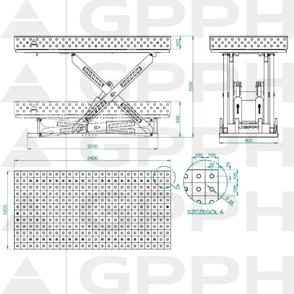 Technical drawing XWT PRO table 2400x1200 mm fi28 100x100