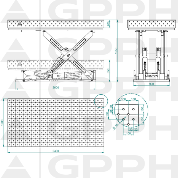 Műszaki rajz XWT PRO asztal 2400x1200 mm, 16 mm átmérőjű átló