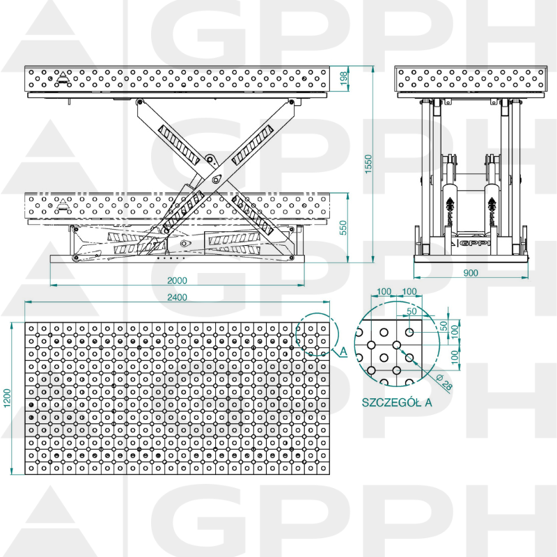 Dibujo técnico Mesa XWT PRO 2400x1200 mm fi28 diagonal