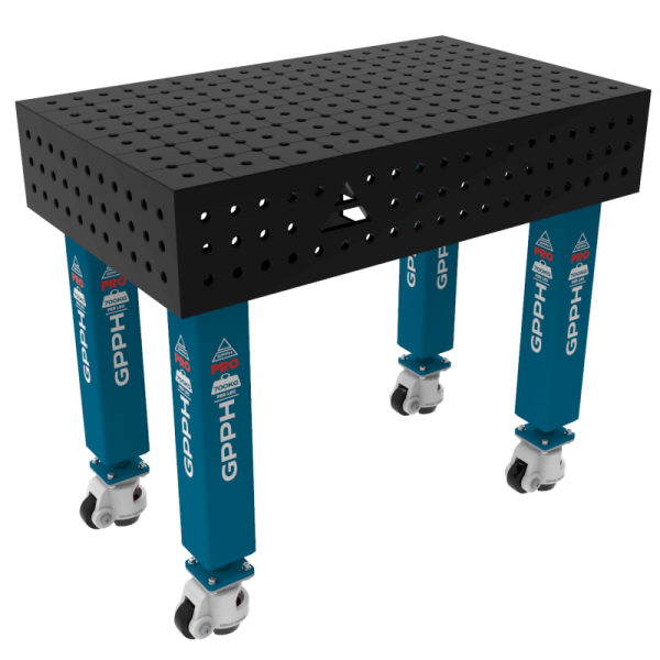 Table de soudage PRO Dimensions : 1000 x 600 mm, maille : 50 x 50 mm, système :  Φ16, pieds : sur roulettes
