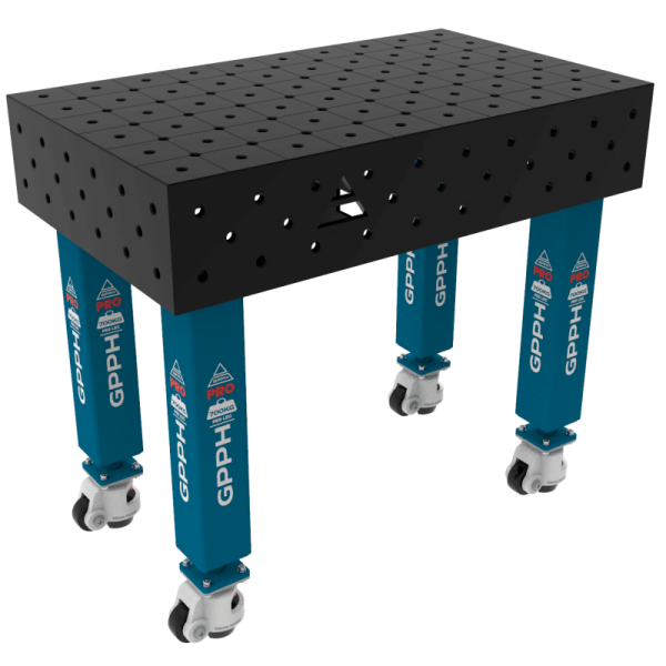 Table de soudage PRO Dimensions : 1000 x 600 mm, Grille : diagonale, Système :  Φ16, Pieds : sur roulettes