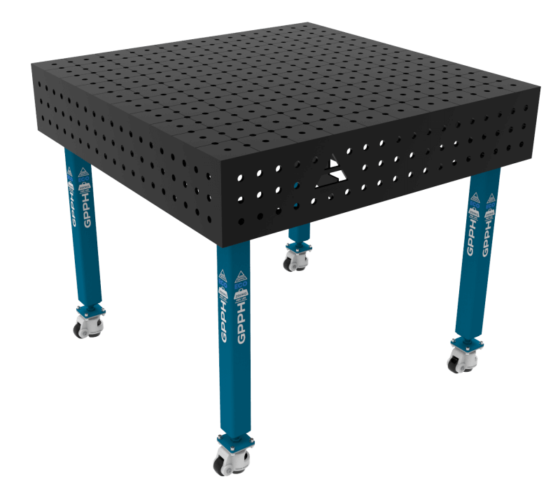 Mesa de soldadura ECO Malla – 1000×1000 mm, Malla – 50×50 mm, Sistema – Φ16, Patas – Sobre roues