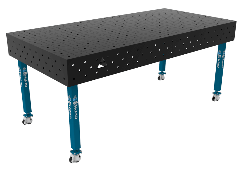 Mesa de soldadura ECO Tamaño: 2000 x 1000 mm, rejilla: 100 x 100 mm, sistema: Φ16, patas: con ruedas