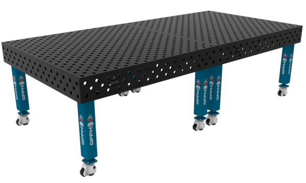 Table de soudage PRO Dimensions : 3000 x 1480 mm, Grille : DIAGONALE, Système : Φ28, Pieds : Sur roulettes
